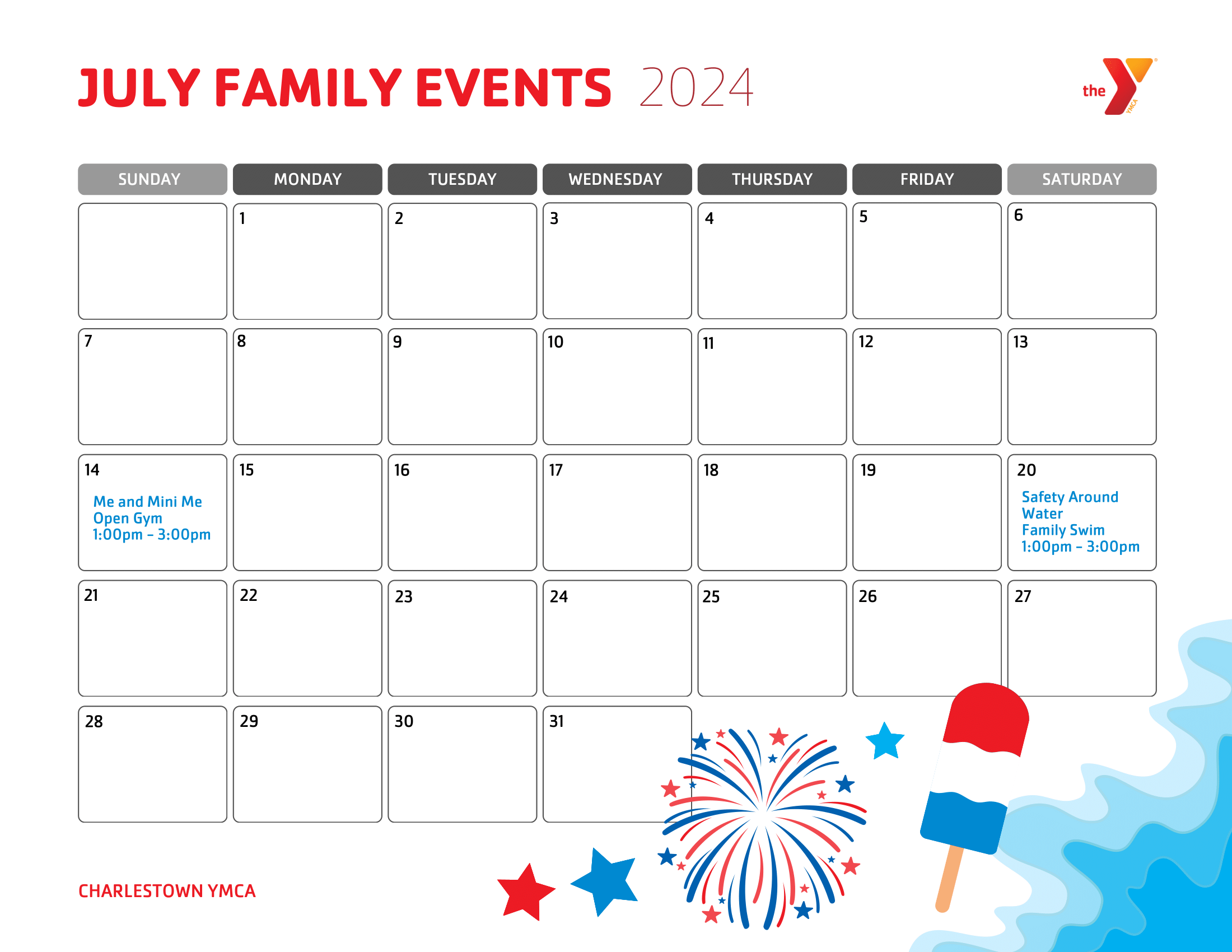 Charlestown July 2024 Family Monthly Calendar