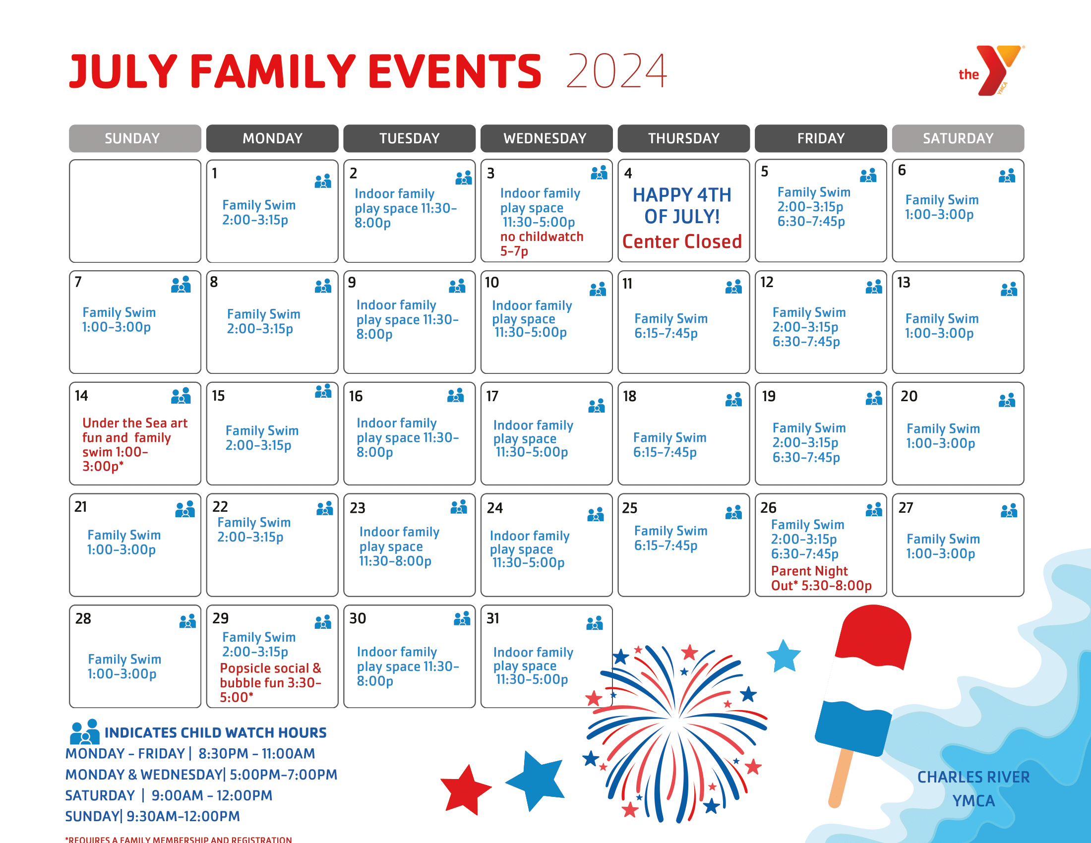 Charles River YMCA July Family Calendar