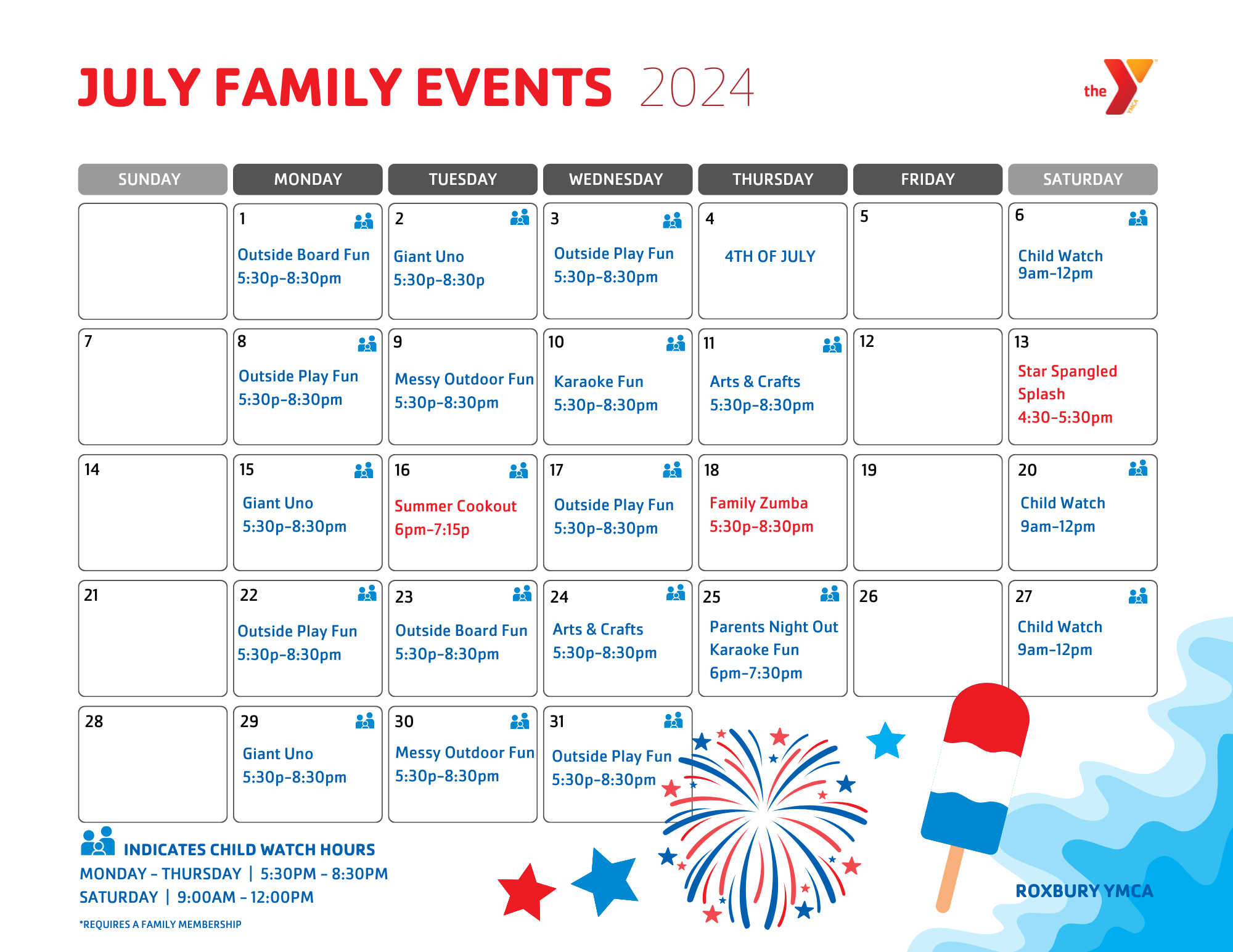 Roxbury YMCA July Family Calendar