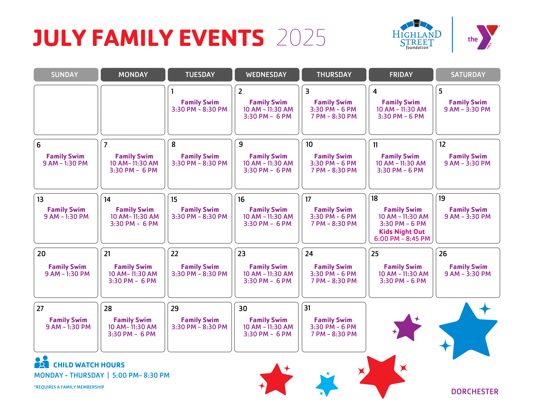 Dorchester family events calendar
