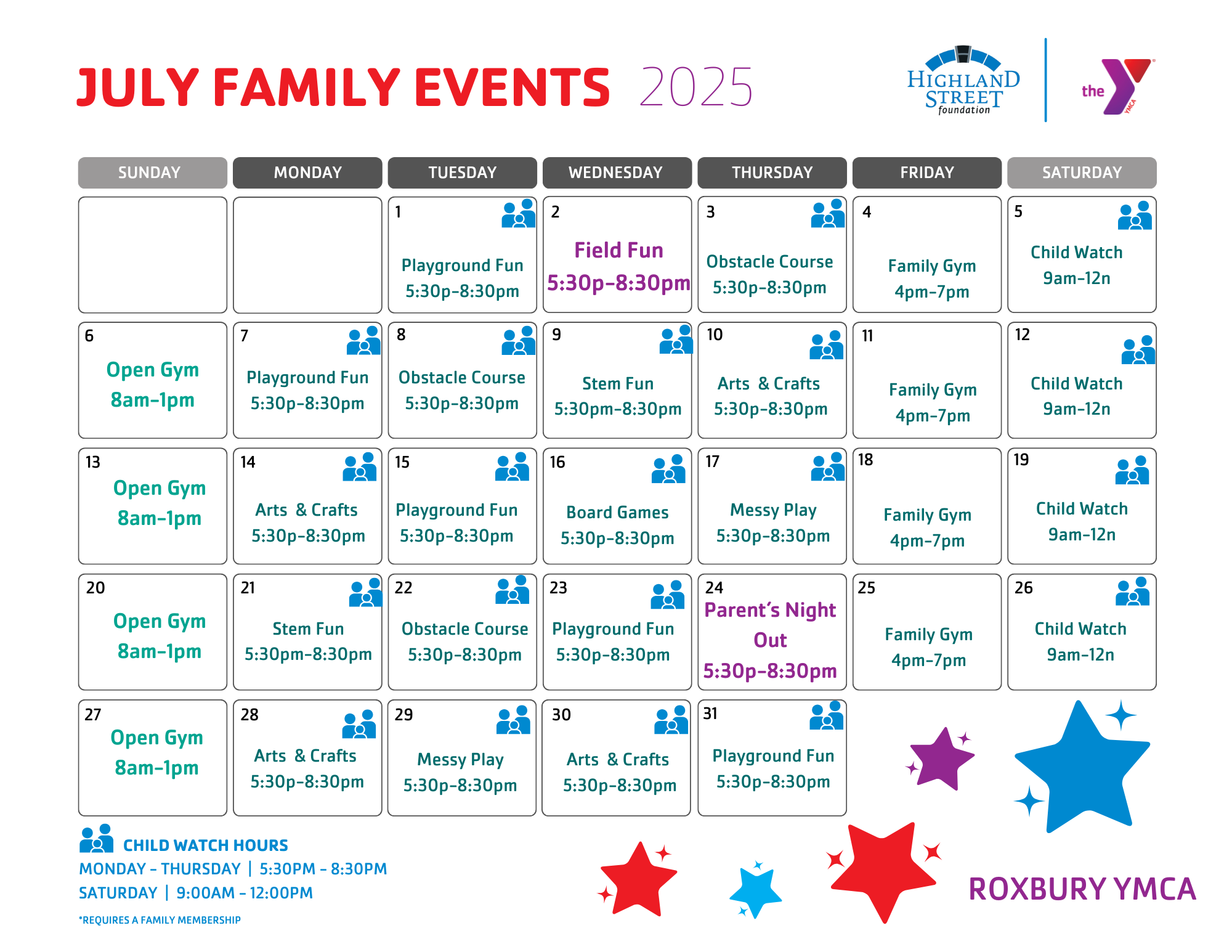 roxbury ymca family events for july