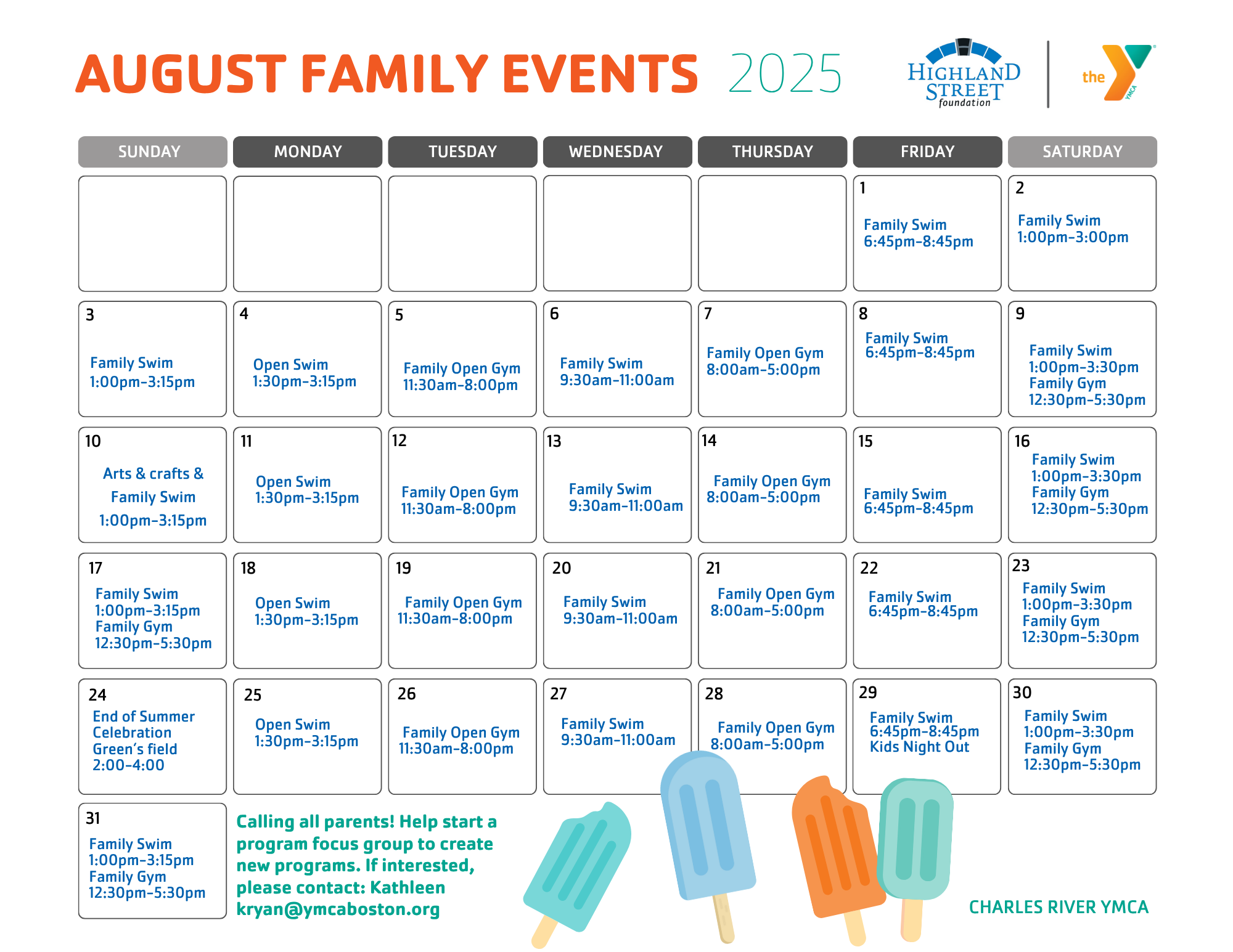 Charles River August family calendar