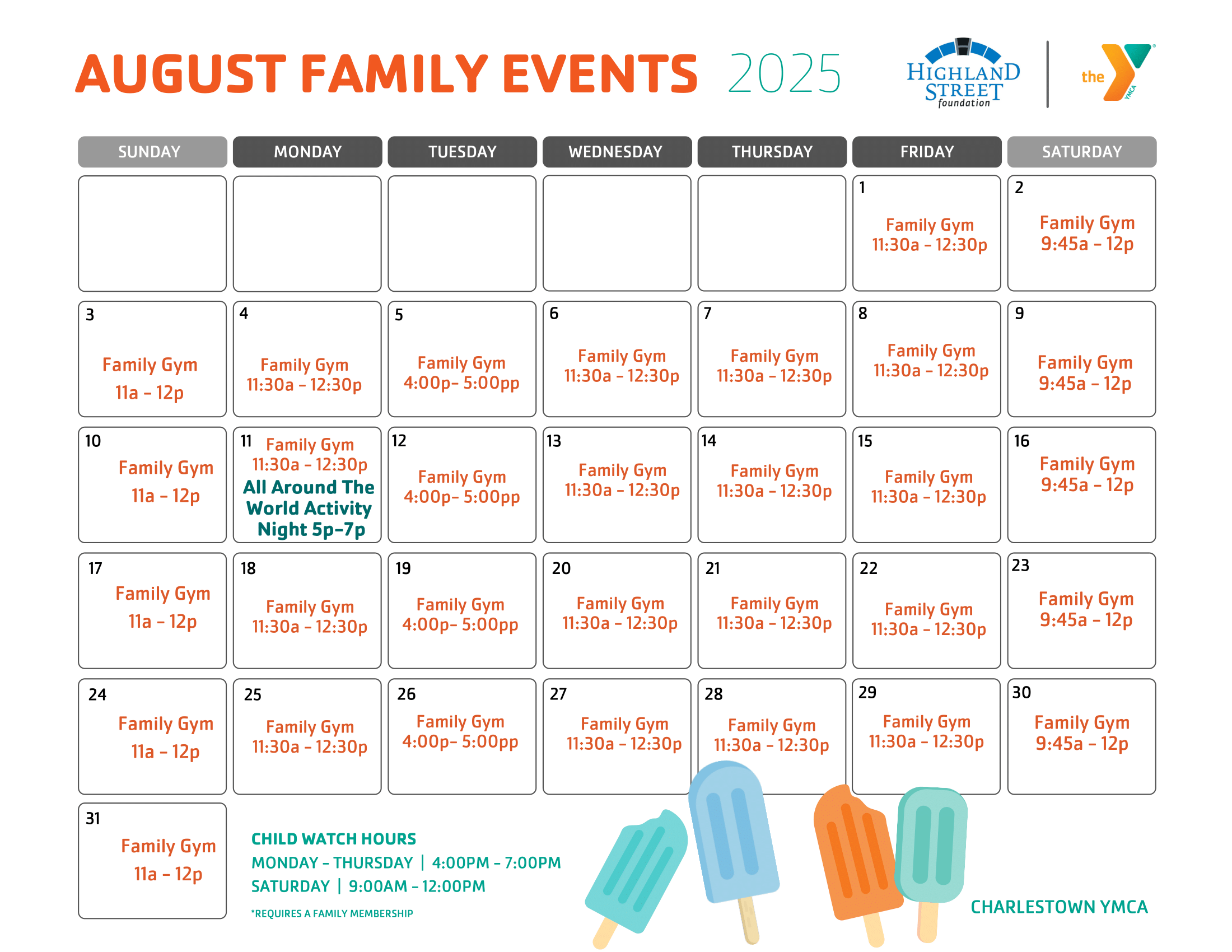 Charlestown YMCA family calendar