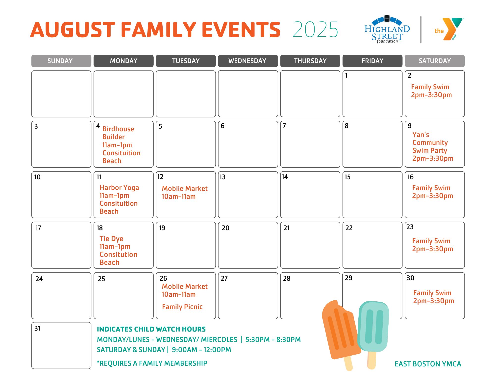 East Boston YMCA family calendar