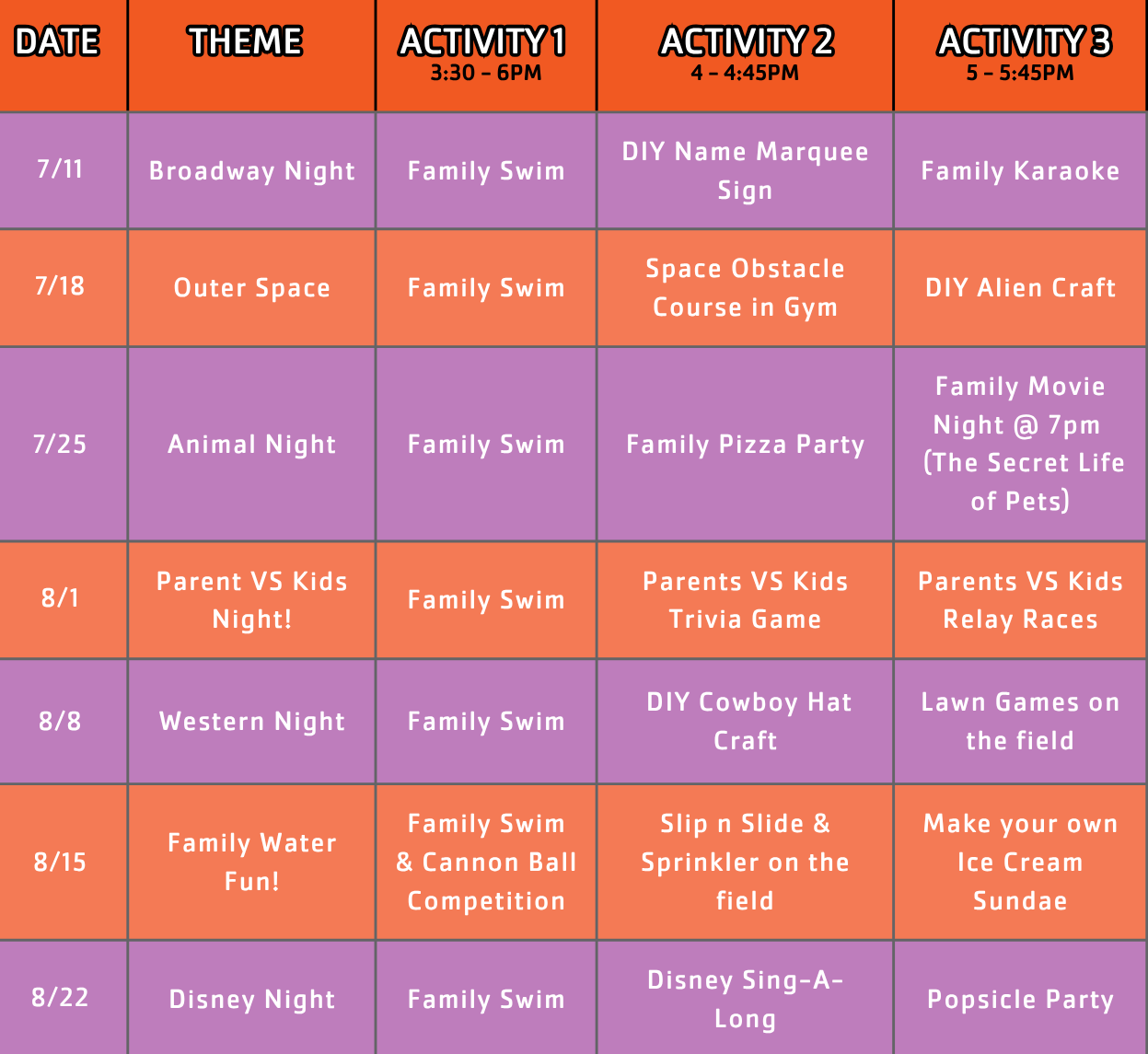 North Suburban Friday night activities schedule
