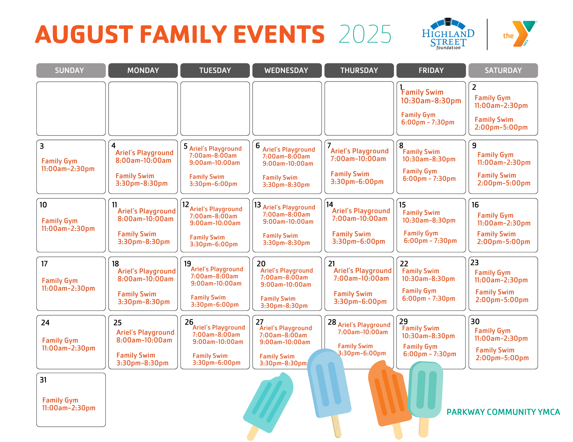 Parkway ymca august family calendar