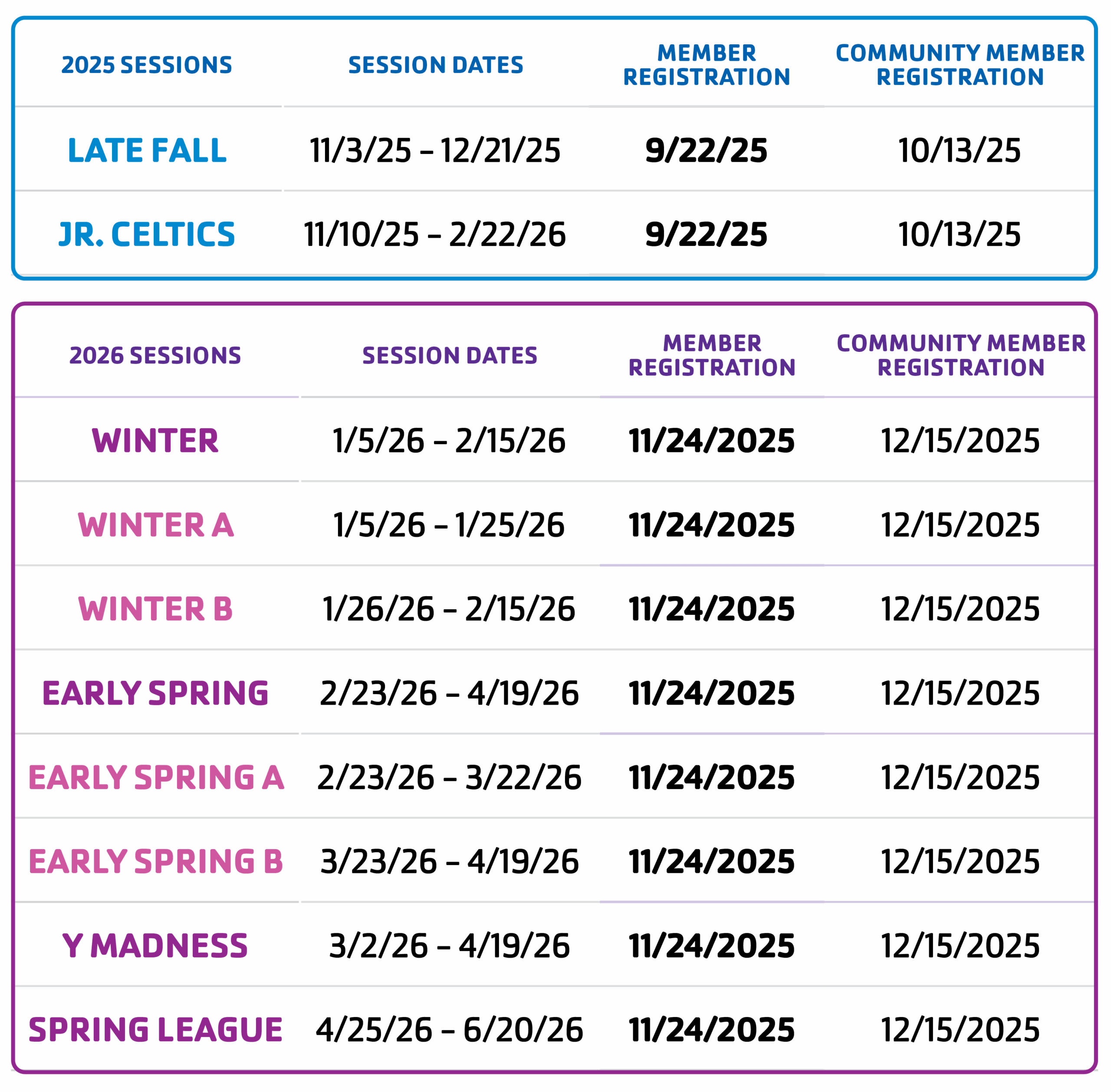 Sports Program dates for Winter 2025 and Spring 2026