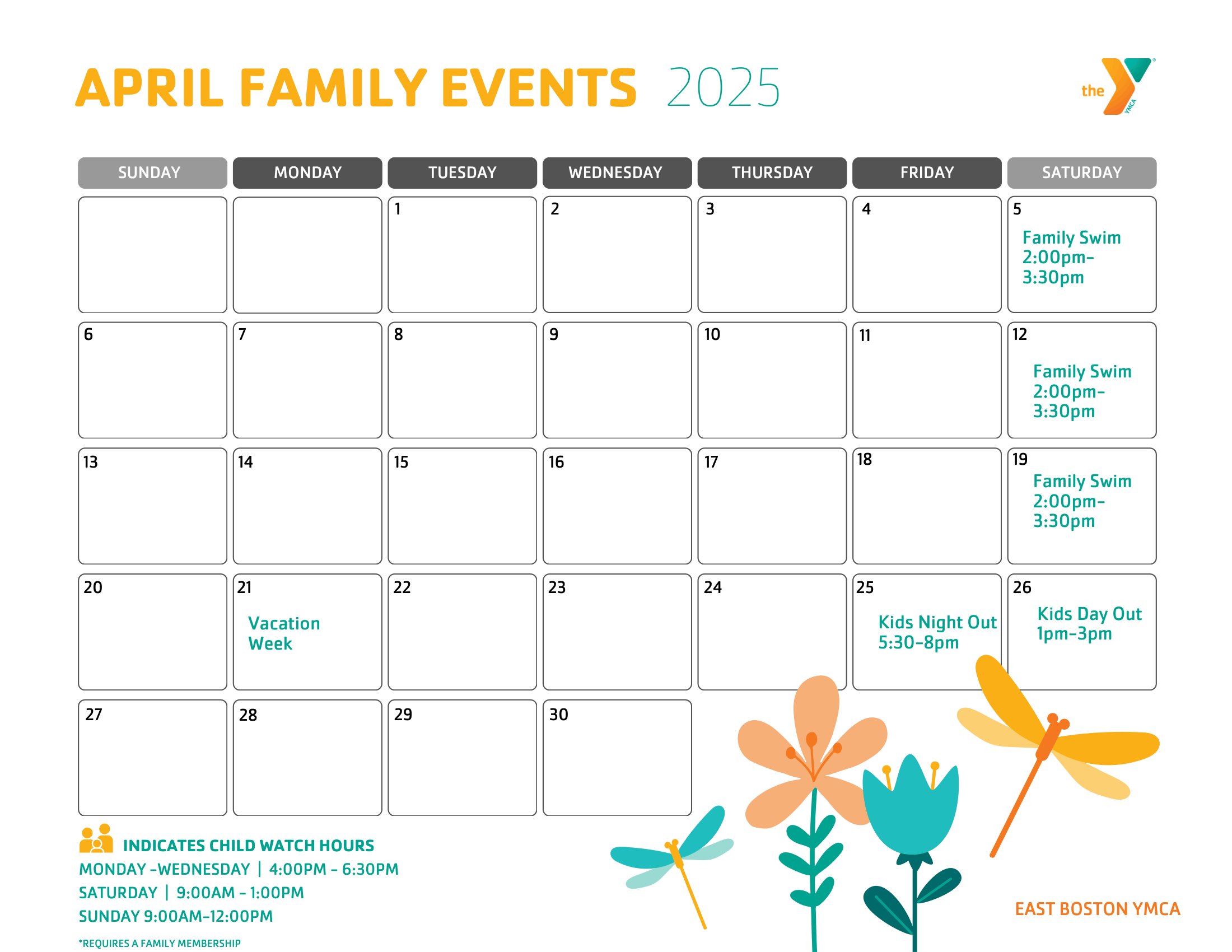 East Boston ymca family calendar for April