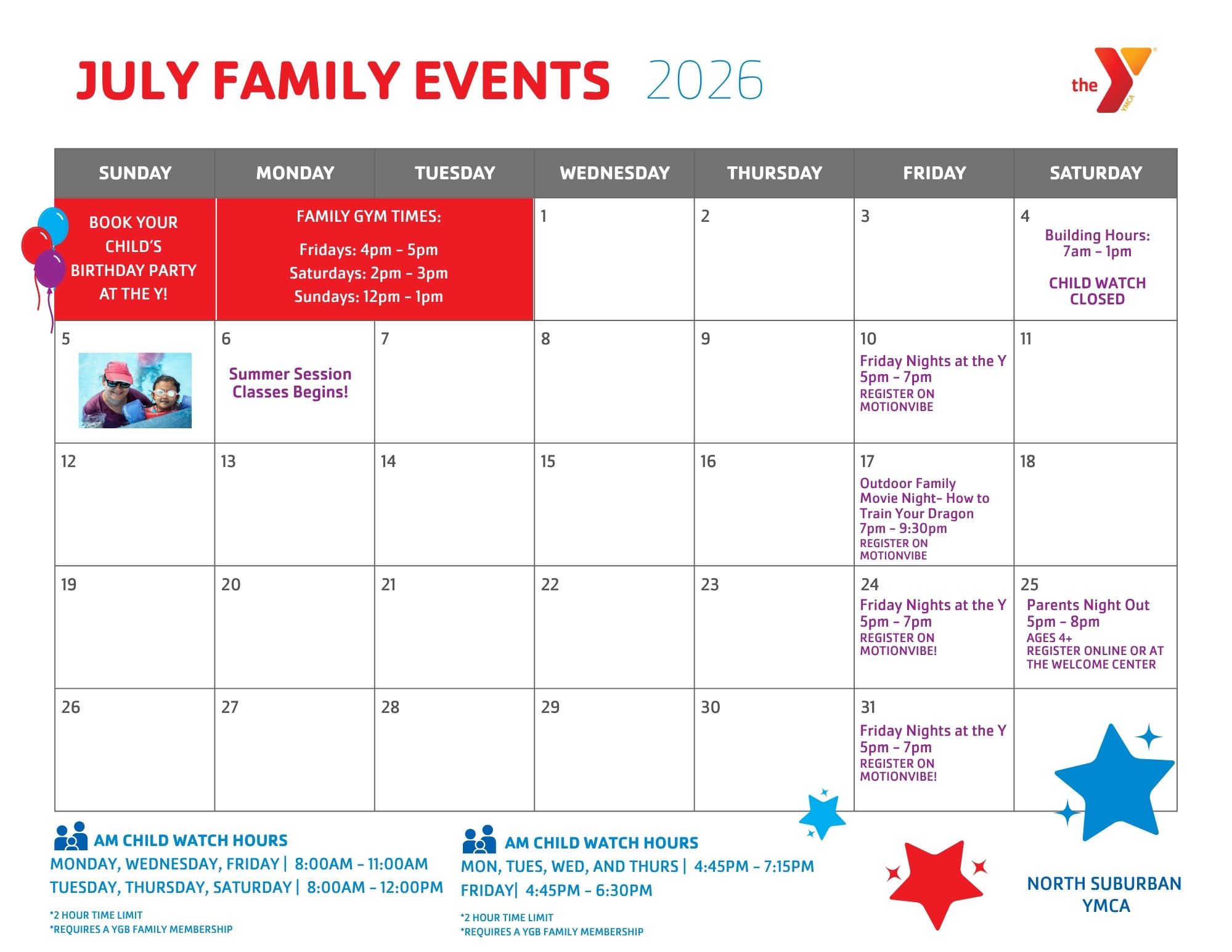 North suburban ymca family calendar