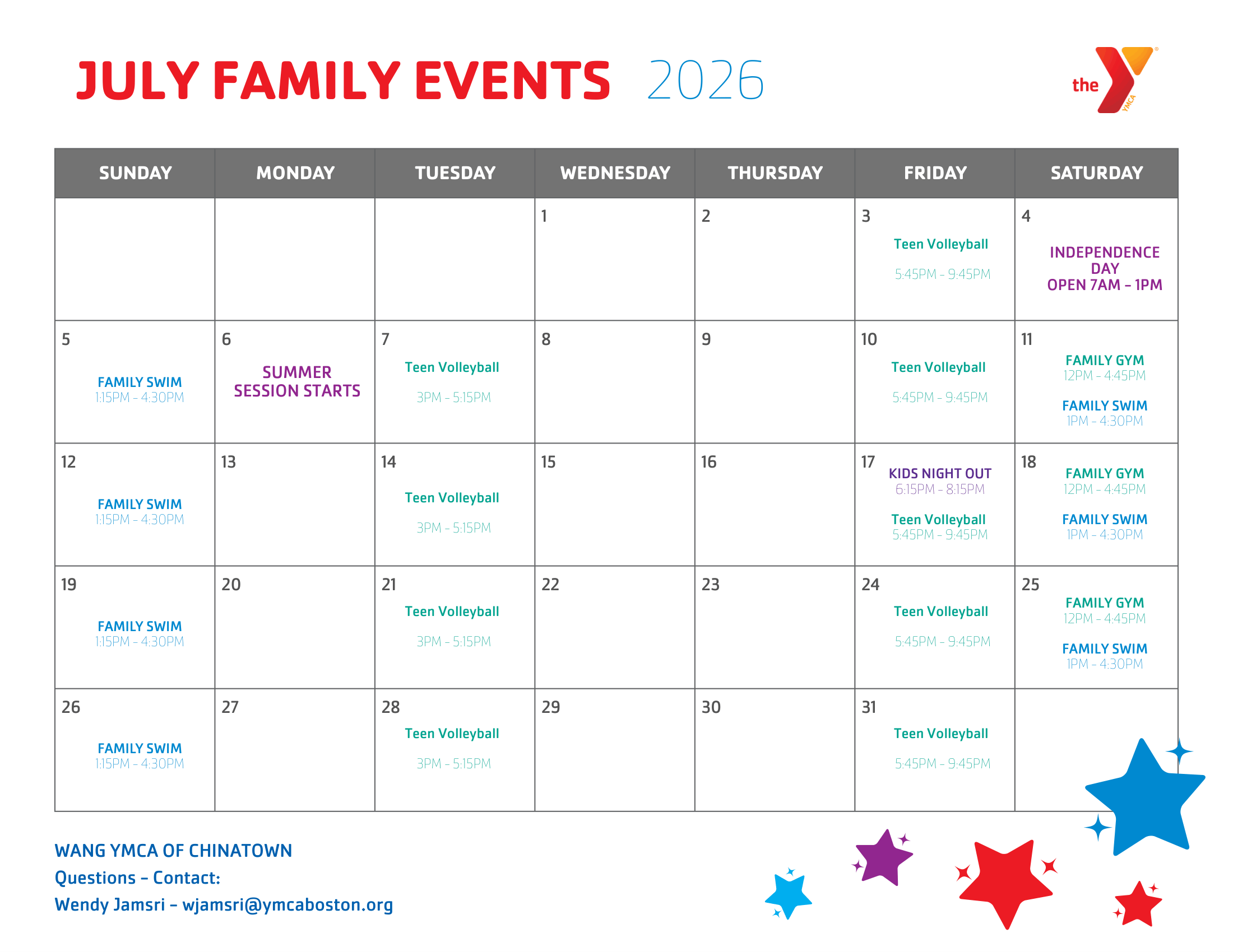 Wang YMCA family calendar