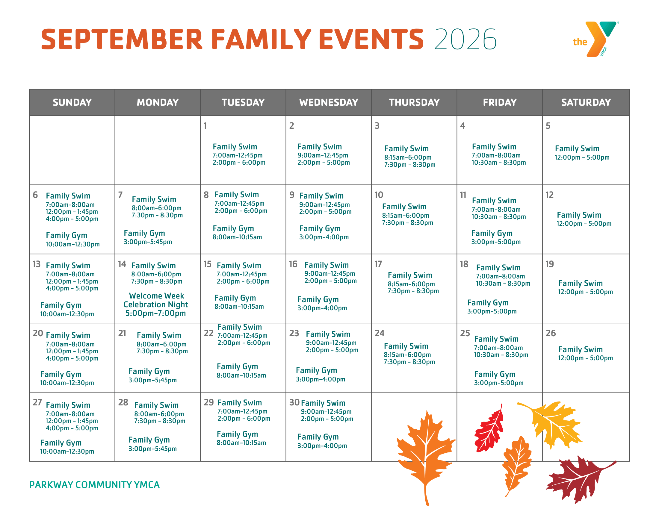 Parkway ymca family calendar for september