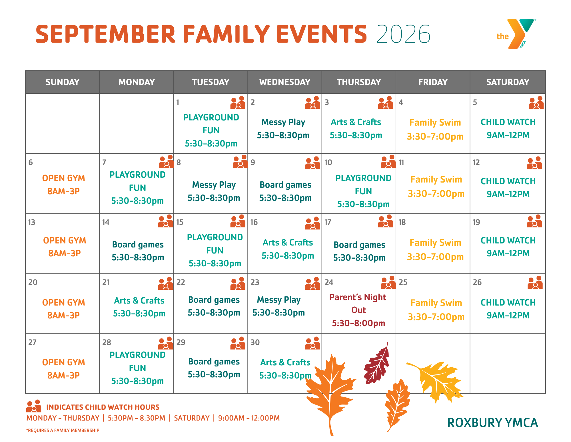 Roxbury YMCA family calendar for september